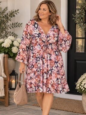 Pink Lady Navy and Pink Floral v neck soft lightweight tiered dress in 2Xlg